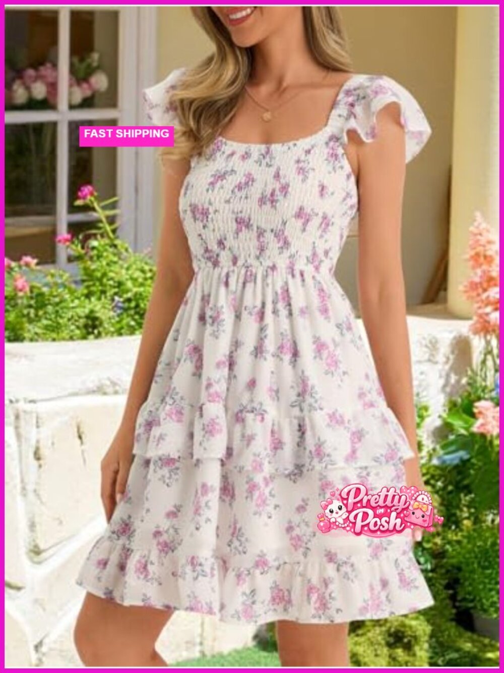 Smocked Ruffle Babydoll Mini Dress Flowy Swing Dress Summer - Picture 3 of 6